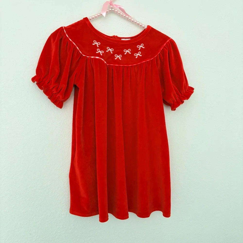 Abby & Evie Girls Red Velvet Bow Embroidered Babydoll Holiday Dress‎ Size 8
